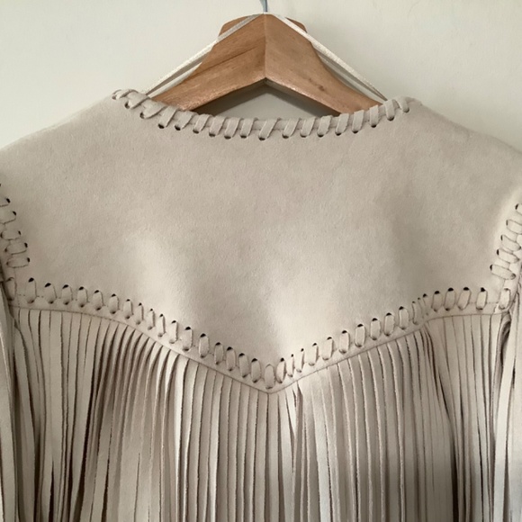 Zara Vegan Suede Western Fringe Cropped Jacket Beige Ivory Off White Cream - Picture 4 of 6